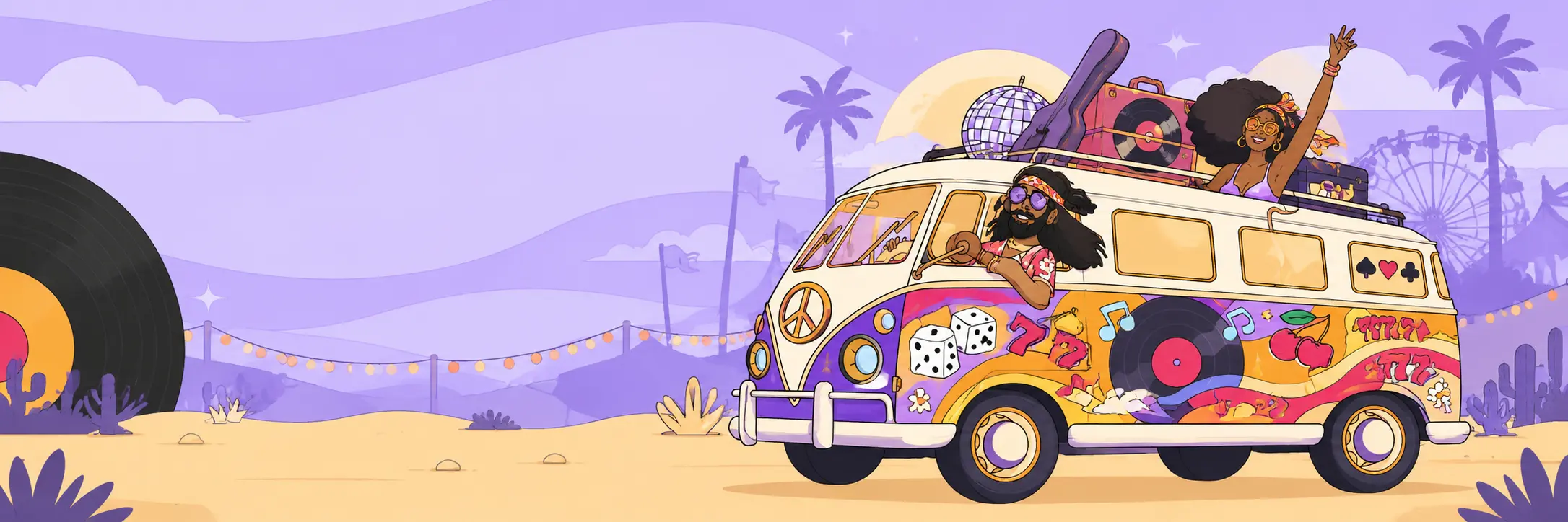 Retro festival van with vinyl and casino themed artwork